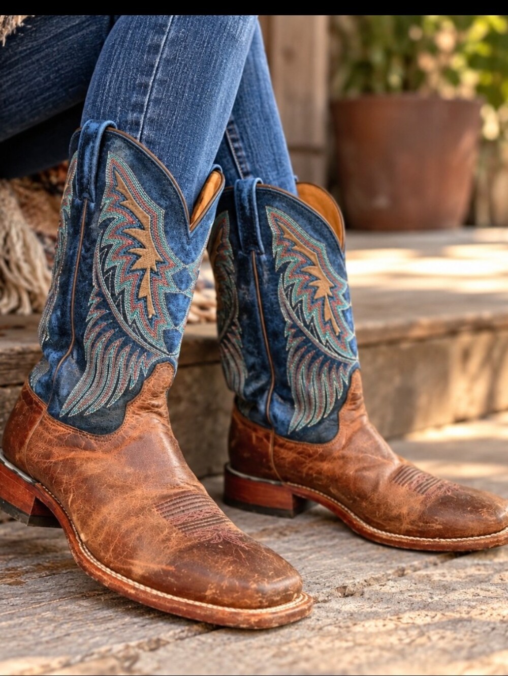 Tony Lama Western Cowboy Boots Brown Blue Embroidered Square Toe
